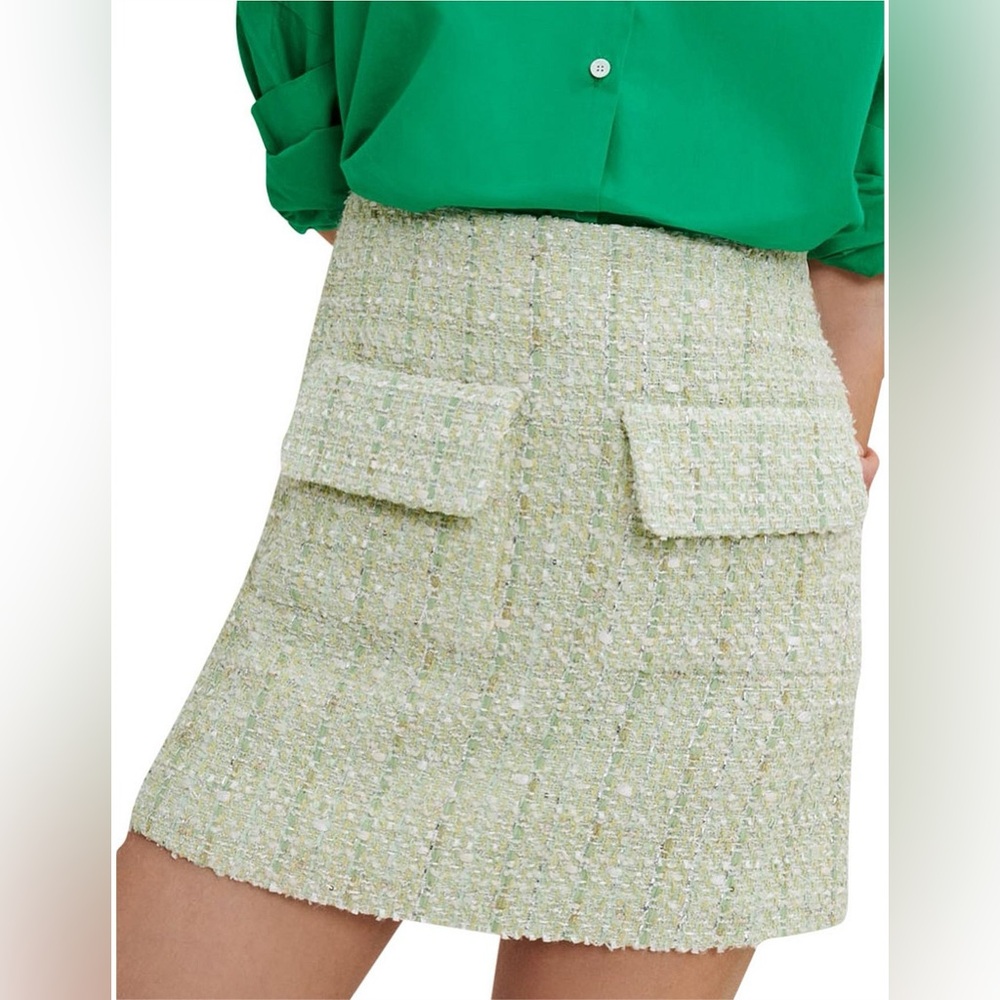 NWT MAJE Jinova Metallic bouclé tweed mini skirt Light Green - size 36